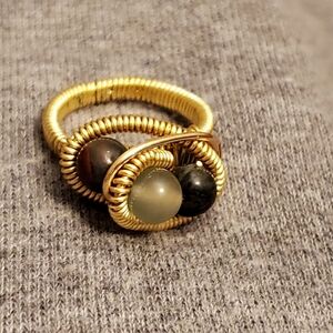 ARTISAN WIRE-WRAPPED RING SIZE 6 - PISTACHIO CALCITE MAHOGANY JASPER BLACK LAVA